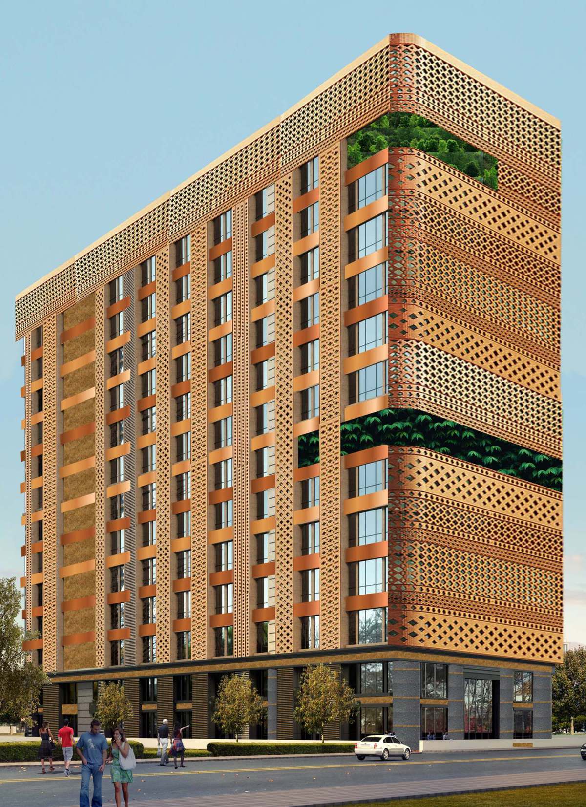 3D render of the Prem Gopal tower, copper perforated brick jaali facade